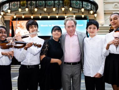 Andrew Lloyd Webber and MiSST students outside the Palladium